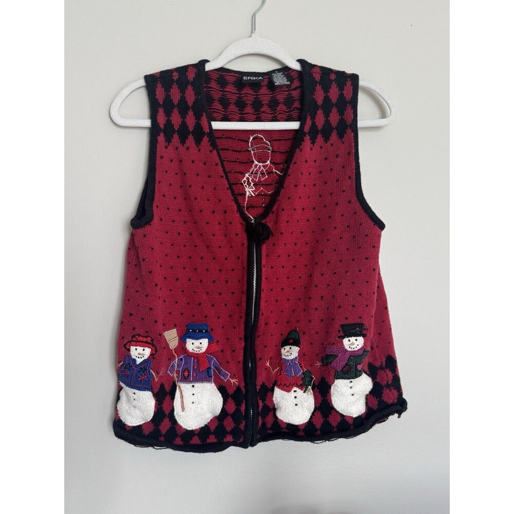 Vintage Snowman Grannycore Vest Christmas Hand Knit Sweater Erika 90s Small